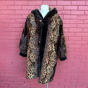 Vtg Bernardo Leopard Faux Fur Trim Hooded Coat Women Large Reversible mob Wife